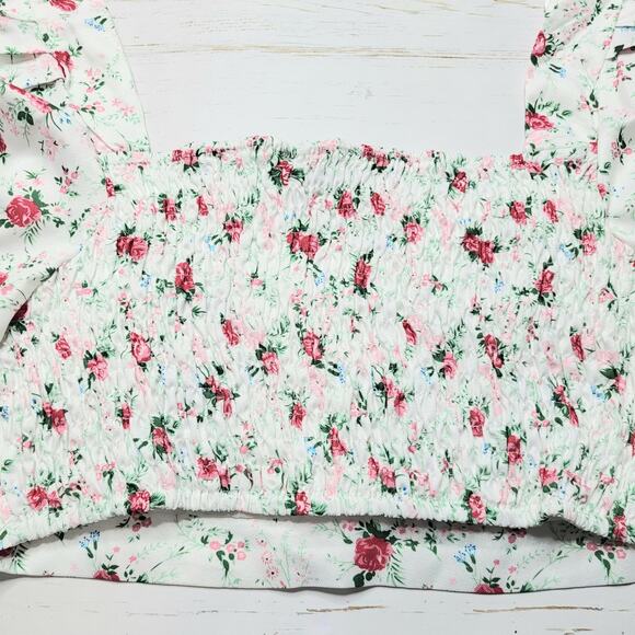 Lulus Cute Factor White Floral Puff Sleeve Crop Top Tiered Mini Skirt Set Large - Picture 7 of 13